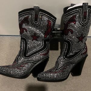 Studded Black and Red Women's Heeled Boots